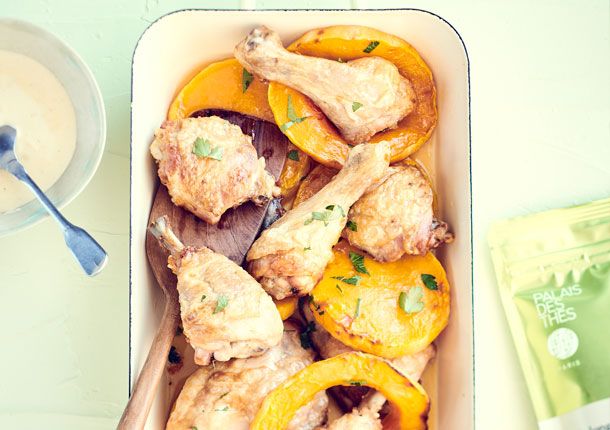 Roast chicken leg, butternut squash with rosemary honey and cream of chicken with Fu Lian Bio