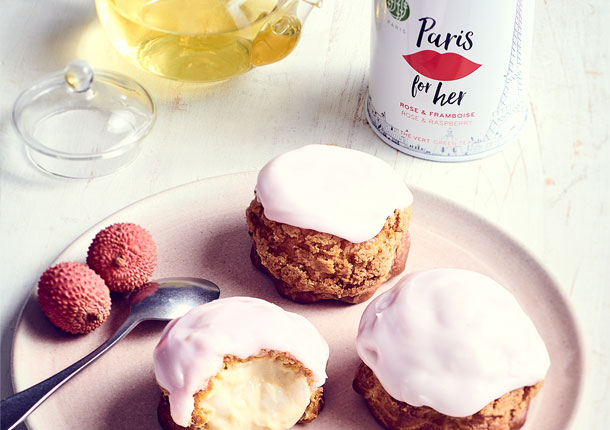 Pink lychee choux pastries flavoured with Paris for Her