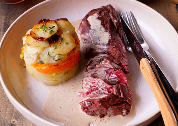 Steak with Big Ben Sauce and Yukon Gold & Sweet Potato Gratin