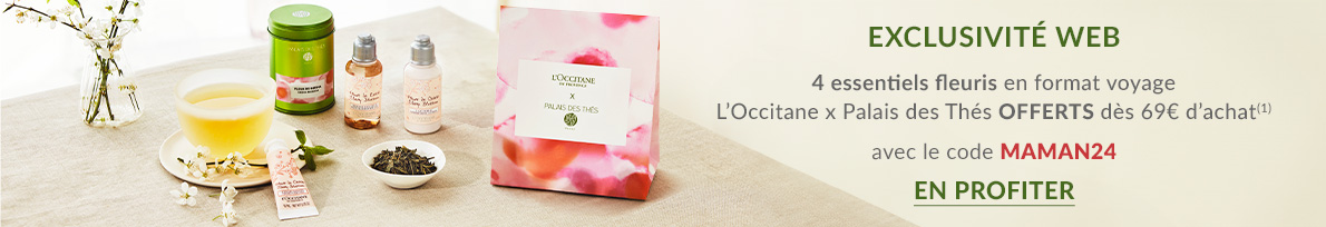 4 essentiels fleuris en format voyage L’Occitane x Palais des Thés OFFERTS dès 69€ d’achat avec le code MAMAN24